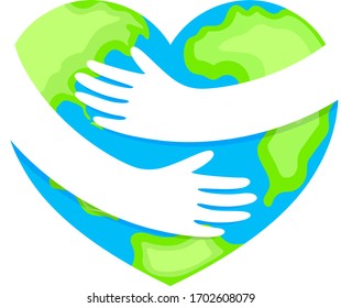 Hug the globe heart shape. Happy Earth day concept, World Environment Day icon design of poster, card and banner. Illustration isolated on white background.
