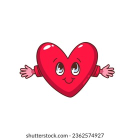 Hug of groovy red heart vector illustration. Cartoon isolated retro emoticon sticker, hands of happy heart emoji embrace with love, psychedelic cute character for romantic chat on Valentines Day