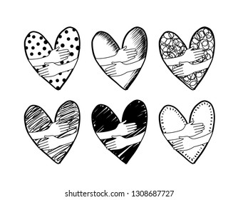 hug hand in heart shape. Hand draw style. Icon design for valentines and wedding. Love and care concept. Illustration isolated on white background.