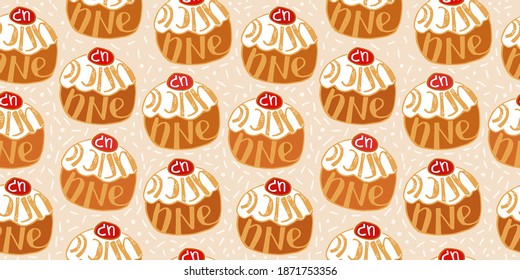 Hug Hanukkah Sameah pattern (Happy Hanukkah)! Colorful creative handwritten text in sufganiyot - traditional tasty food for jewish holiday. Seamless background with lettering on donuts with red jam.