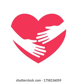 Hug the heart. Hands embracing heart flat logo. Symbol of love and social assistance. Red silhouette of the heart. Hand pictogram. Vector illustration cartoon design. Isolated on white background.
