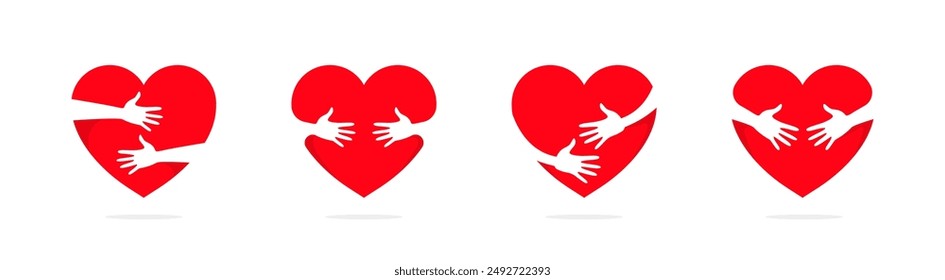 Hug icons. Hug symbols. Heart icon set. Heart hugging icons. 