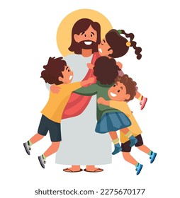 Hug from Jesus, comfort, happy children, feel support, show love and care. Christ's embrace supports children. Faith and religion. Believer in God. Vector illustration.