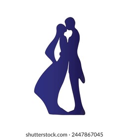 Siluetas de pareja del beso del abrazo, postura elegante de la novia y del novio aislados sobre fondo blanco. Logo del matrimonio.