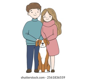 Hug of love and affection.Happy Couple with a Dog.International Hug Day vector illustration on white background.