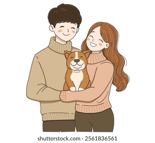 Hug of love and affection.Happy Couple with a Dog.International Hug Day vector illustration on white background.