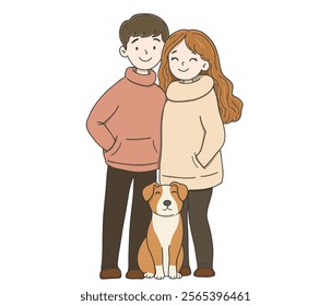 Hug of love and affection.Happy Couple with a Dog.International Hug Day vector illustration on white background.