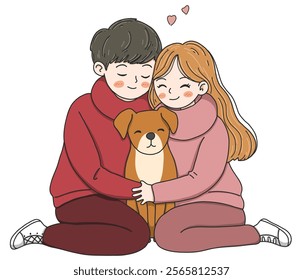 Hug of love and affection.Happy Couple with a Dog.International Hug Day vector illustration on white background.