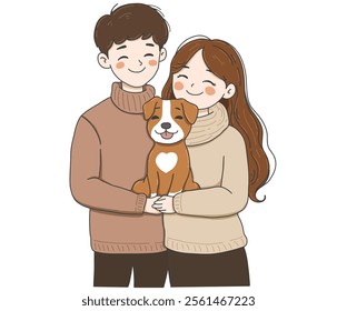 Hug of love and affection.Happy Couple Holding a Dog.International Hug Day vector illustration on white background.