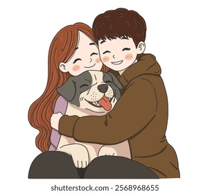 Hug of love and affection.Happy Couple Holding a Dog.International Hug Day vector illustration on white background.