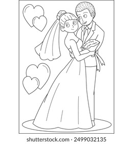 Página de libro para colorear de la boda del amor del abrazo para los niños o los adultos crecidos Colorear creativo Actividad de relajación consciente