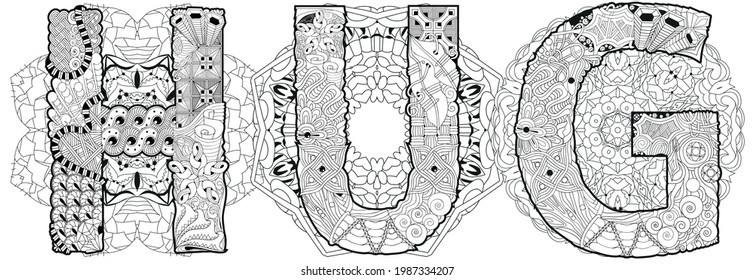 HUG with mandalas. Vector decorative zentangle object for coloring