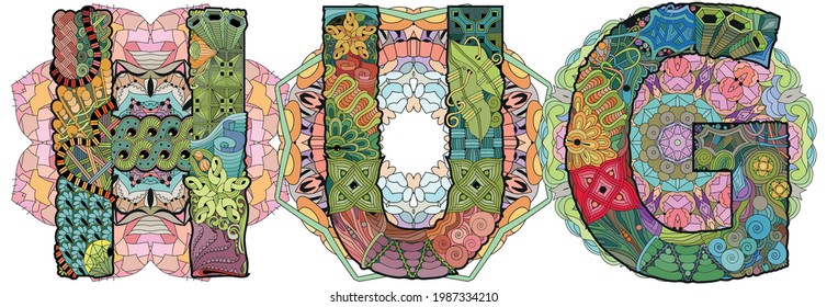 HUG with mandalas. Vector decorative zentangle object for decoration
