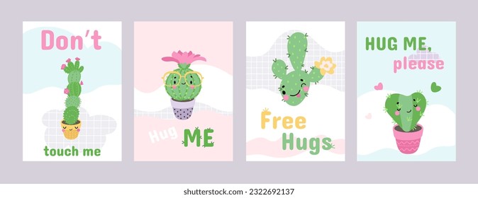 Hug me cards. Free hugs, sweet cactus characters love printable posters. Funny cacti covers design, cartoon plants and text, nowaday vector banners