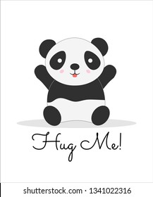 Hug me lettering cartoon vector color postcard. Cute panda blushing flat illustration. Baby bear sitting. Animal with pink cheeks. Asian wildlife. Black and white mammal isolated design element