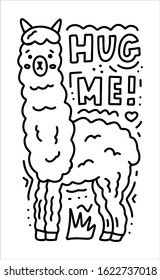 Hug me! Monochrome doodle composition with alpaca and hand lettering. Print for coloring books, t-shirts, stickers and other. Vector illustration. 