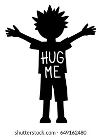 Hug me written on the young boy with open arms and hands, black and white vector