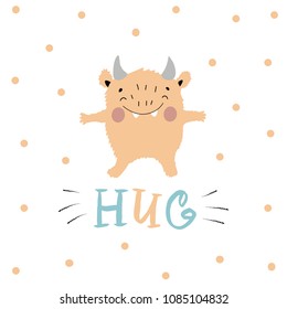 Hug Nursery color poster for Kids with doodle in Scandinavian style. Ideal for cards for wall art, for kids room design. Little cute smiling cartoon hand drawn monster alien