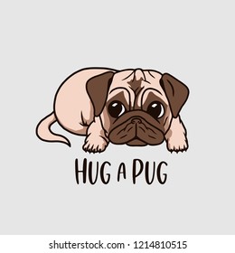 Hug a pug cute cartoon style drawing. Colored trendy design element for prints, posters, stickers. Vector illustration.