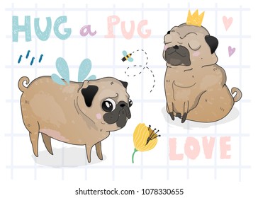 Hug a Pug. Cute puppies. Colored vector illustration. Checked background