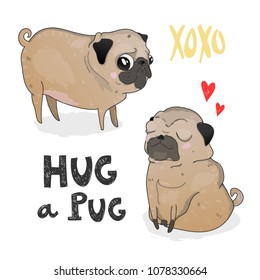 Hug a Pug. Cute puppies. Colored vector illustration