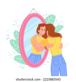 Abrazarse en el espejo. Modelo de mujer abrazando su propia reflexión, estima aceptándose cuerpo y alma, adolescente orgulloso amor motivación positiva me lleva apoyo, ilustración vectorial del abrazo y feliz amor propio