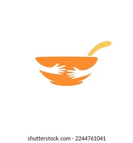 Hug soup bowl, comfort food recipe logo.