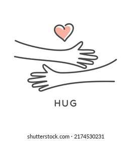 hug symbol. Hands hugs simple vector illustration with heart love symbol icon in line outline style vector design. Hands hugged over white vector illustration. 