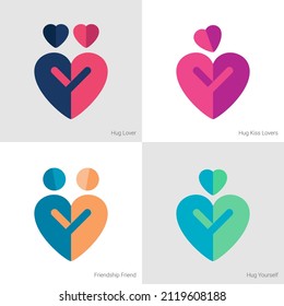 Hug symbols icon love heart shape. Collection hugs of love lover, yourself, family, friends. Colored expression, positive human emotion shape. Warm embrace pictograms Concept. Vector illustration set