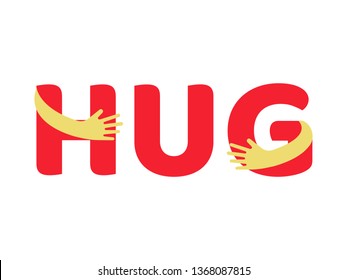 Hug text in arms embracing flat style vector illustration. Colorful hug sign logo isolated on white background