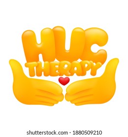 Hug therapy web sticker with yellow emoji hands. Cartoon 3d style. Vector illustration