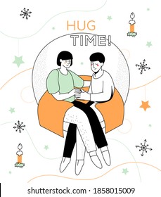Hug time - modern line design style illustration. Christmas and New Year holiday celebration idea. A composition with trendy characters, a couple sitting together, images of candles and snowflakes