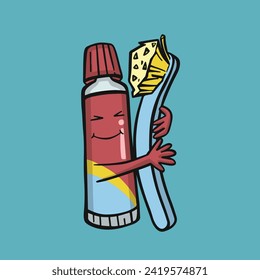 hug toothbrush and toothpaste oral hygiene, vector