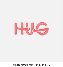 "HUG" typographical and Hand icon.Embrace or hug icons vector logo design.Hugs and Love yourself symbol.Love concept.Valentine's Day Vector Card.Love & Happy valentines day concept.Vector illustration