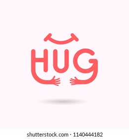 "HUG" typographical and Hand icon.Embrace or hug icons vector logo design.Hugs and Love yourself symbol.Love concept.Valentine's Day Vector Card.Love & Happy valentines day concept.Vector illustration