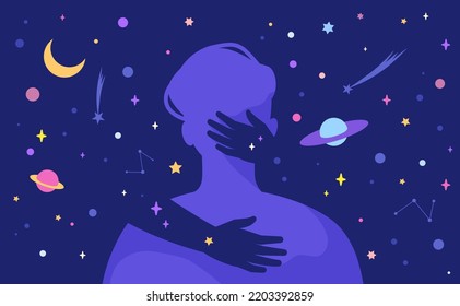 Hug Universe. Woman Hands Hugging Spiritual Friend Kiss Dream Lover Mystic Couple Embrace Occult Power Zen Energy Spirit Connection Abstract Sexy Guy Silhouette Vector Illustration Of Woman Universe