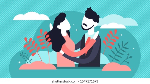 Hug vector illustration. Flat tiny warm greeting process persons concept. Couple relationship, trust and friendship acknowledgment symbol. Romantic partners hugging each other. Moment before kissing.