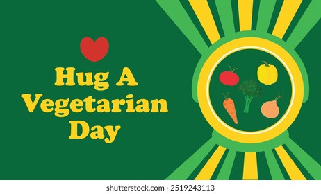 Hug A Vegetarian Day vector banner design with geometric shapes and vibrant colors on a horizontal background.