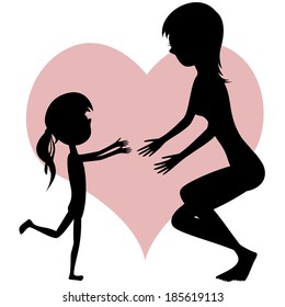 Hug Your Mom! Cartoon-style silhouettes with a little girl in swimsuit is running towards her mother for a hug in front of a pink heart.