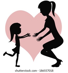 Hug Your Mom! Cartoon-style silhouettes with a little long haired girl is running towards her mother for a hug in front of a pink heart.