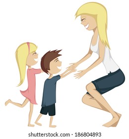Hug Your Mom! Colorful and detailed cartoon-style art with a blonde girl and a brown haired boy are running towards their mother for a hug.