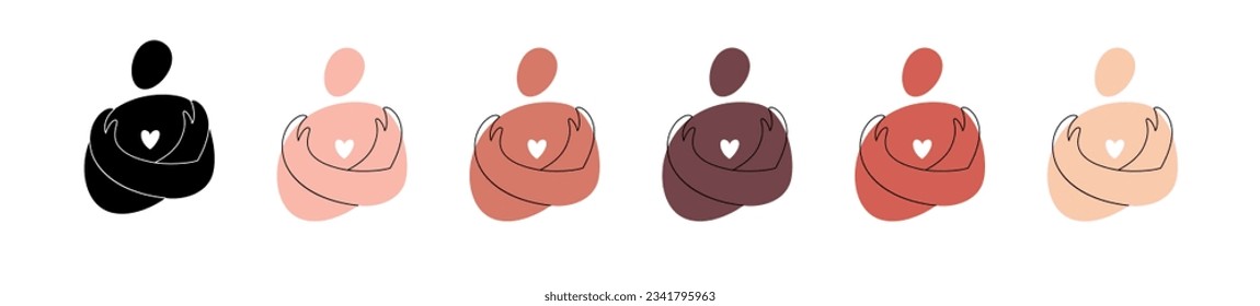 Hug yourself. Love yourself. Mental health, psychology. Vector illustration with bodies of different races on white background.