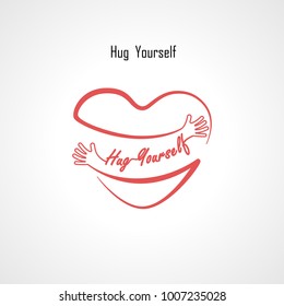 "Hug Yourself" typographical design elements and Red heart shape with hand embrace.Hugs and Love yourself sign.Health and Heart Care icon.Happy valentines day concept.Healthcare & medical concept.