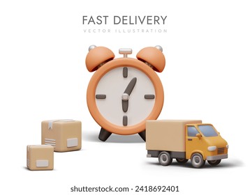 Huge 3D alarm clock, cardboard boxes, truck. Vector concept on white background