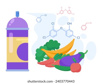 Huge aerosol can, fruit and vegetables treated with pesticides vector illustration. Chemical formulas on background. Health effects of using pesticides and chemicals concept