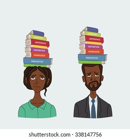 Huge amounts of information are need to explore. People with stack of books on his head. Hard learning on courses, College, University, at home. Reading business books and paper. Vector illustration