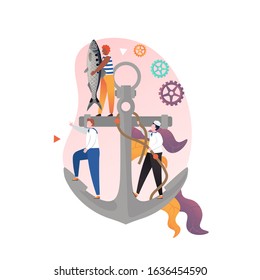 Huge anchor and micro male characters sailors standing on it and holding fish, tying knot rope, vector illustration. Sailing, navigation, maritime, fishing concept for web banner, website page etc.