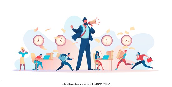 Huge angry boss yells into loudspeaker. Clutter in office, papers fly. Deadline Disruption Metaphor. Concept struggling with project deadline, working time management. Vector flat illustration