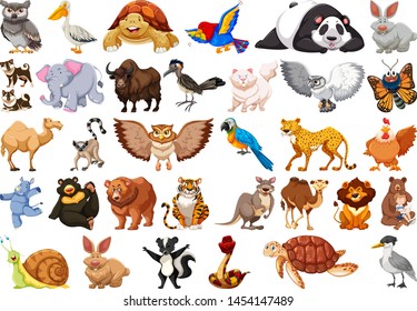 Huge animal set with bear, rhino, rabbit, lion, panda, elephant and more illustration