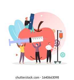 Huge Apple, Micro Male Characters Getting Intravenous Insulin Infusion, Injection, Vector Illustration. Diabetes Mellitus Disease Medication Treatment, Diet Therapy Concept For Website Page Etc.